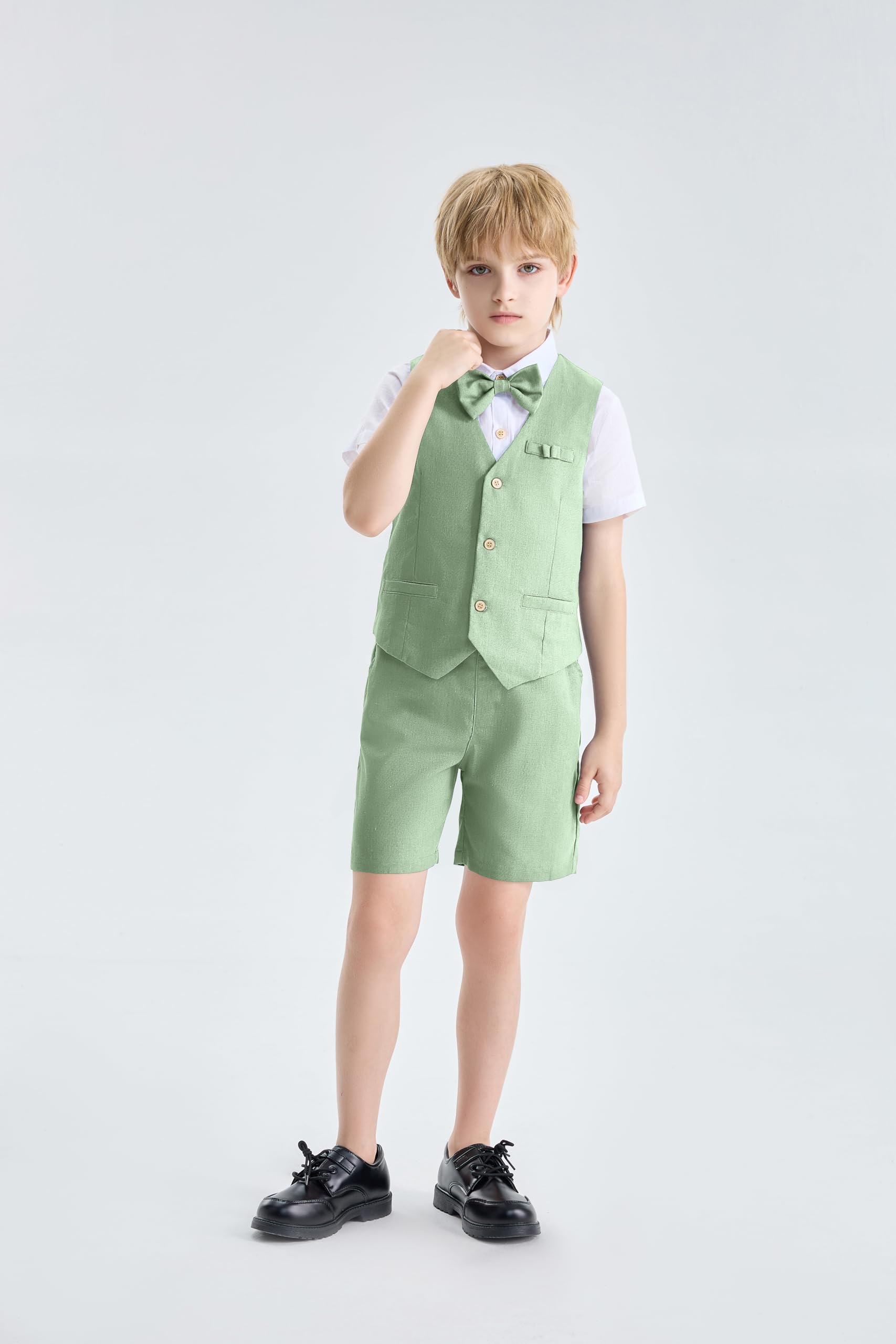 LOLANTA 4 pièces Costume Garcon Mariage Ete, Tenue Enfant Garcon Ceremonie, Vêtement Baptême Anniversaire Garçon Page, Ensemble Costume Short Lin Gile Chemise avec nœud Papillon