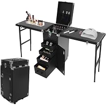 Portable Nail Table Desk, Foldable Rolling Manicure Table, Cosmetic Trolley Case with 4 Lockable Wheels & 2 Side Tables for Nail Teach Black