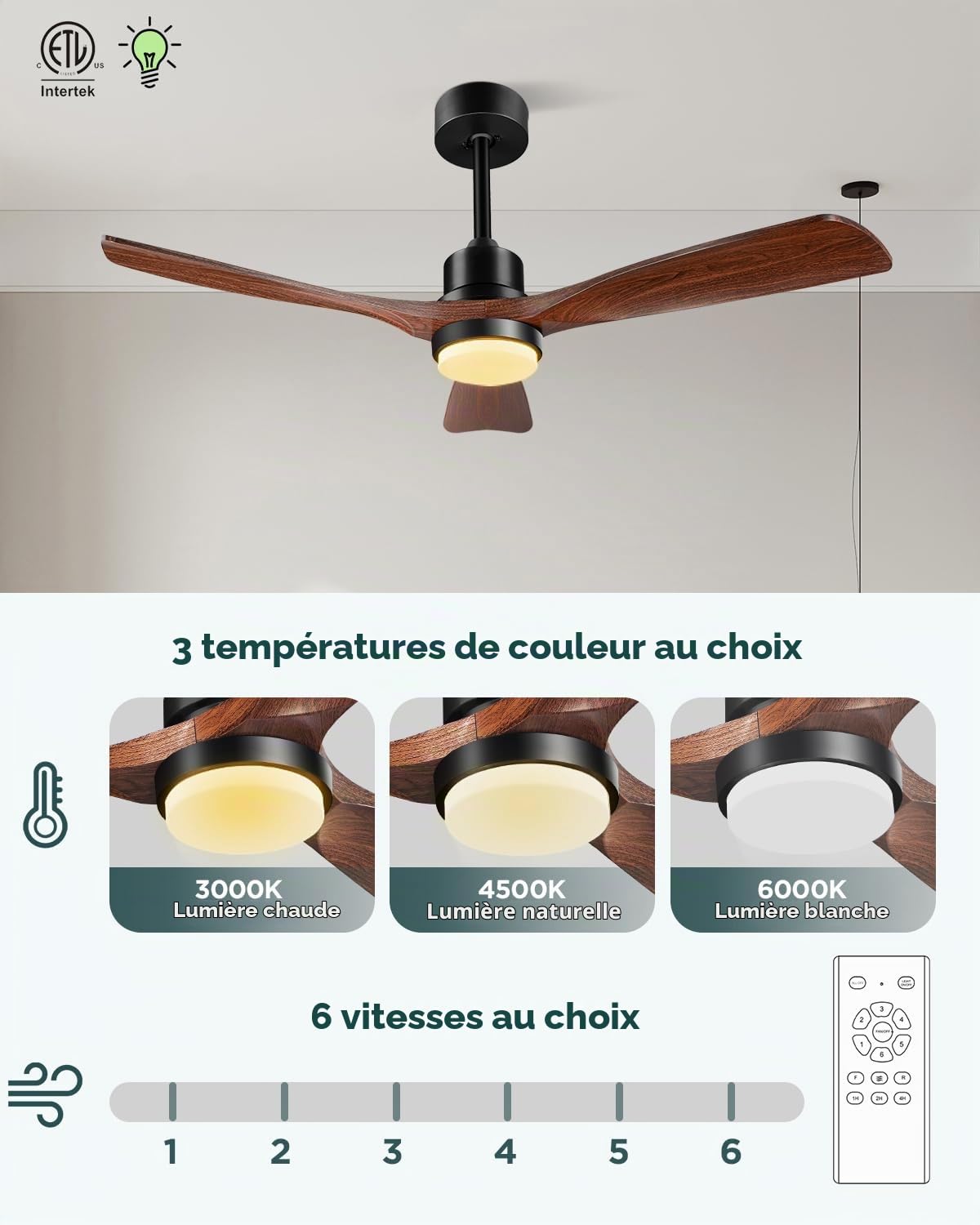 Ventilateur de plafond avec lumière et commande moteur CC silencieux 3