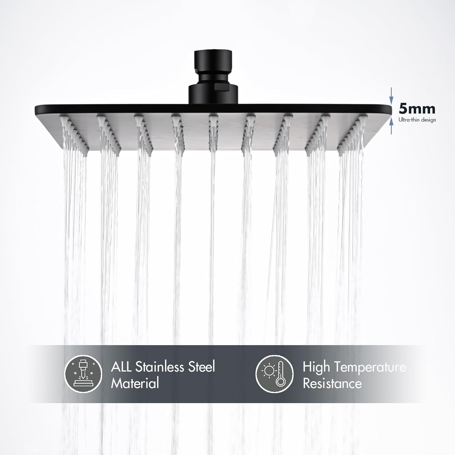 Rainfall Shower Head, Square Rain Shower Head Set - Ultra-Thin Design High Flow Stainless Steel Large Rain Shower Heads with Shower Arm and Flange (8-Inch, Matte Black) M-RSH-S-MB