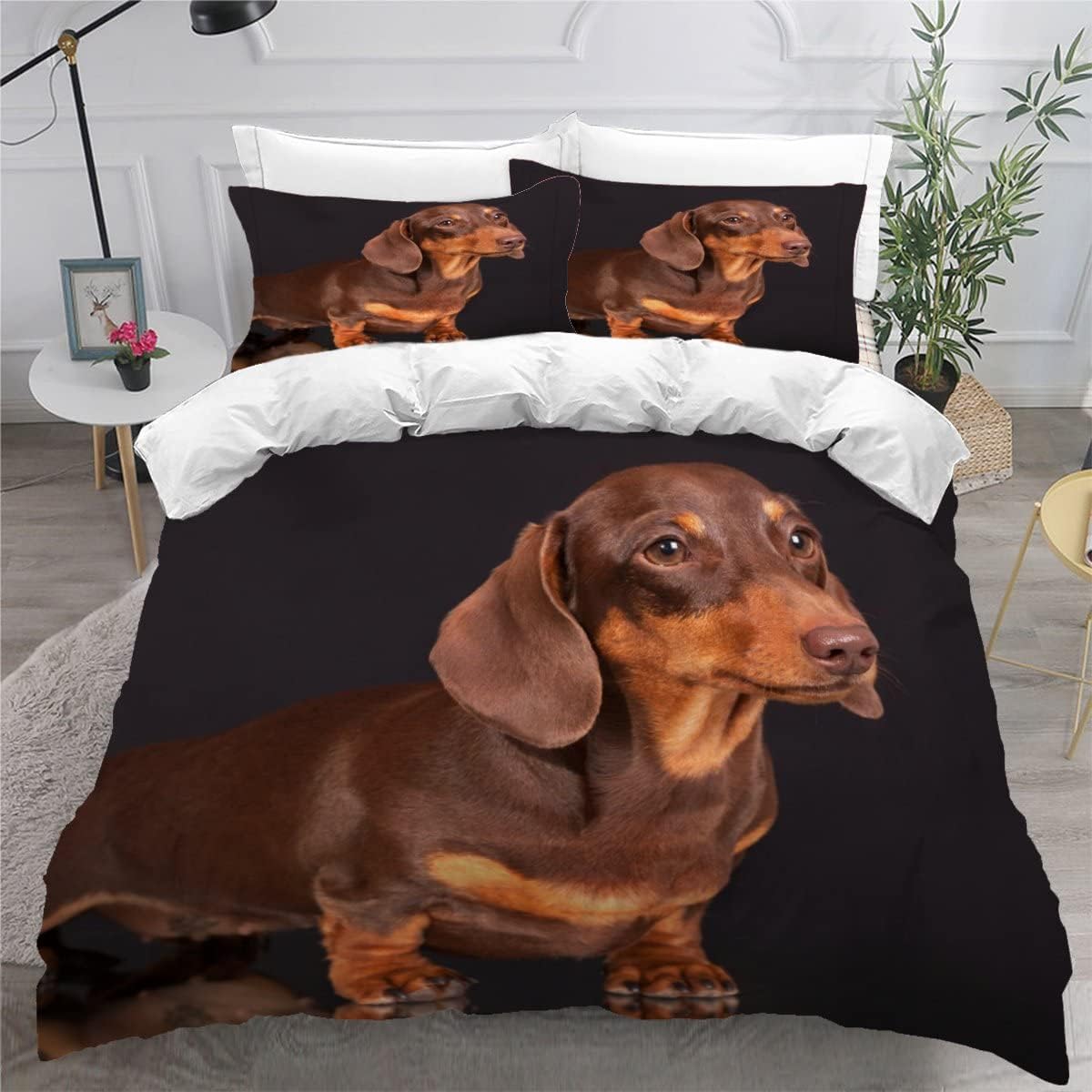 MEVASA Dachshund Bedding Set - Microfiber Teen Bedding Black Animal 3D Set for Small Double - Anti Allergic Duvet Cover Set with Zipper /200x200