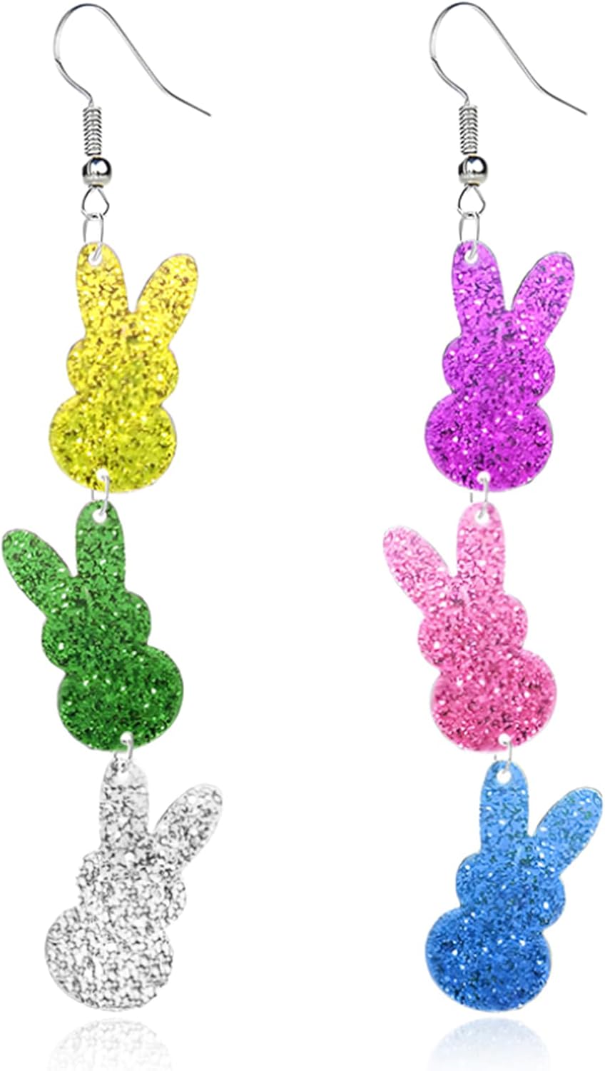 Easter Bunny Dangle Earrings for Women Unique Colorful Glitter Bunny Egg Earrings Cute Cartoon Acrylic Earrings Handmade Happy Easter Jewelry Gifts