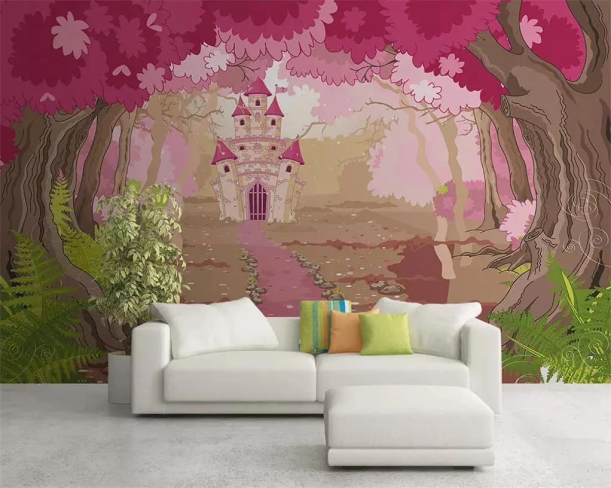 Papier peint 3D château de dessin animé et fresque murale forêt de contes de fées