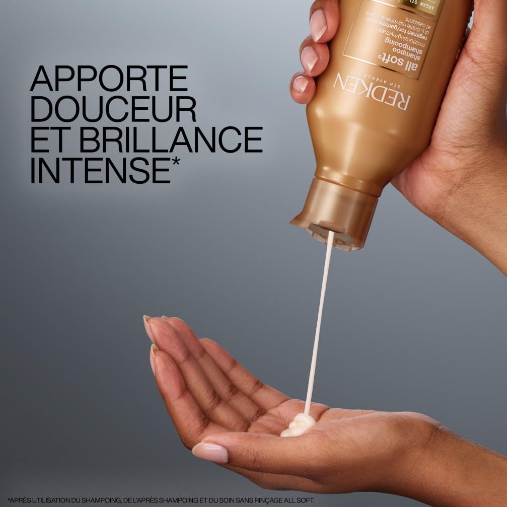 REDKEN - Shampoing Hydratant pour Cheveux Secs et Désydrathés - Apporte Douceur & Souplesse - Protéines & Huile d'Argan - Produit Vegan - All Soft - 300ml