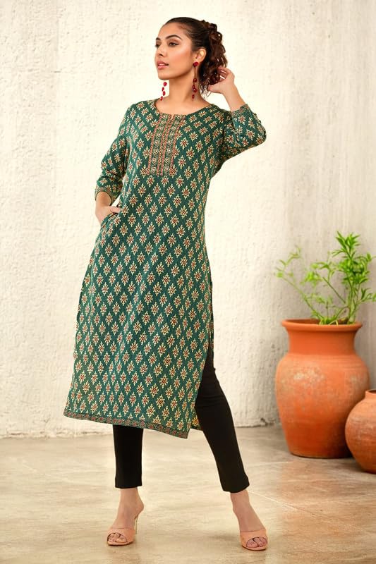 Image of Soch Womens Green Cotton Ajrak Printed Straight Kurta with Embroidery Details