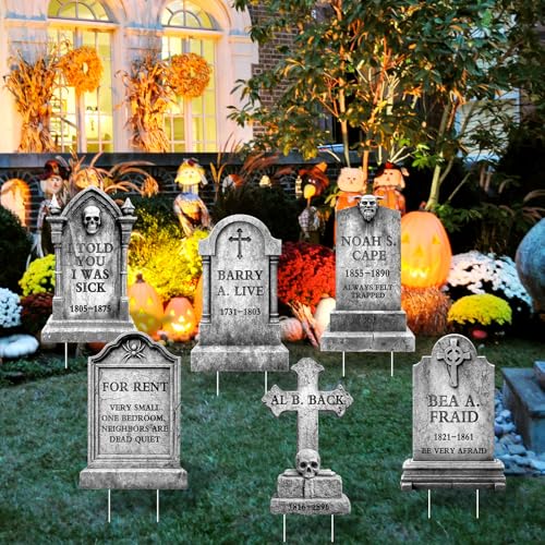 Arosche Halloween Decorations Outdoor Funny Graveyard Tombstone Yard Signs 6Pcs with Stakes Cemetery Headstones Scary Skeleton RIP Halloween Decorations for Outside Lawn, Garden, Party - Image 6