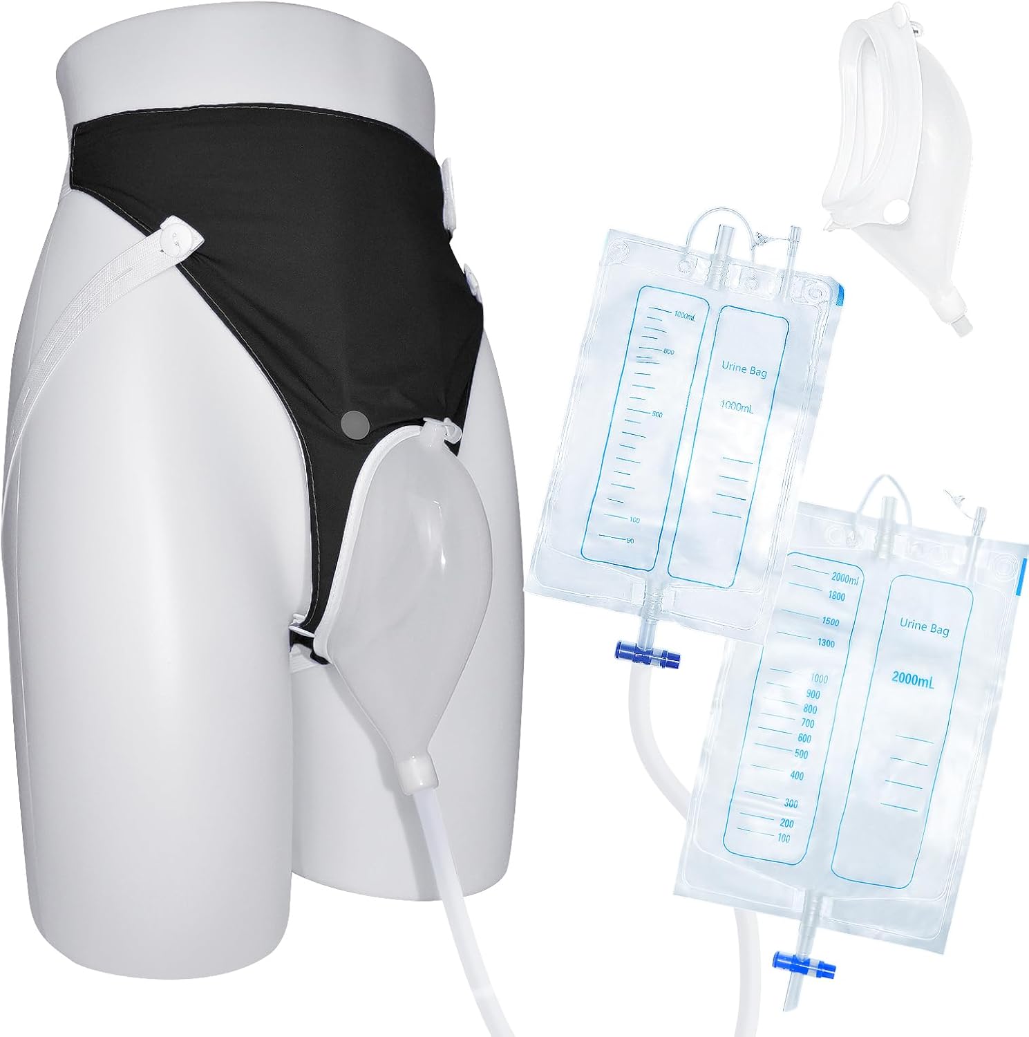 Wearable Urine Collector Set with Breathable Fixed Pants, 1.2M Catheter, Urinary Drainage Bags (1000ml, 2000ml) for Day and Night Use, Silicone Urine Collection Pouch, Elderly Men Black