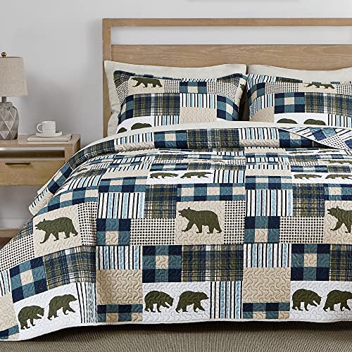Umchord Cabin Quilt Sets Queen, Christmas Patchwork Rustic Lodge Bear Quilt Bedding Set, All Season Lightweight Reversible Bedspread Coverlet With 2 Pillow Shams (Green, Queen) #TOP1
