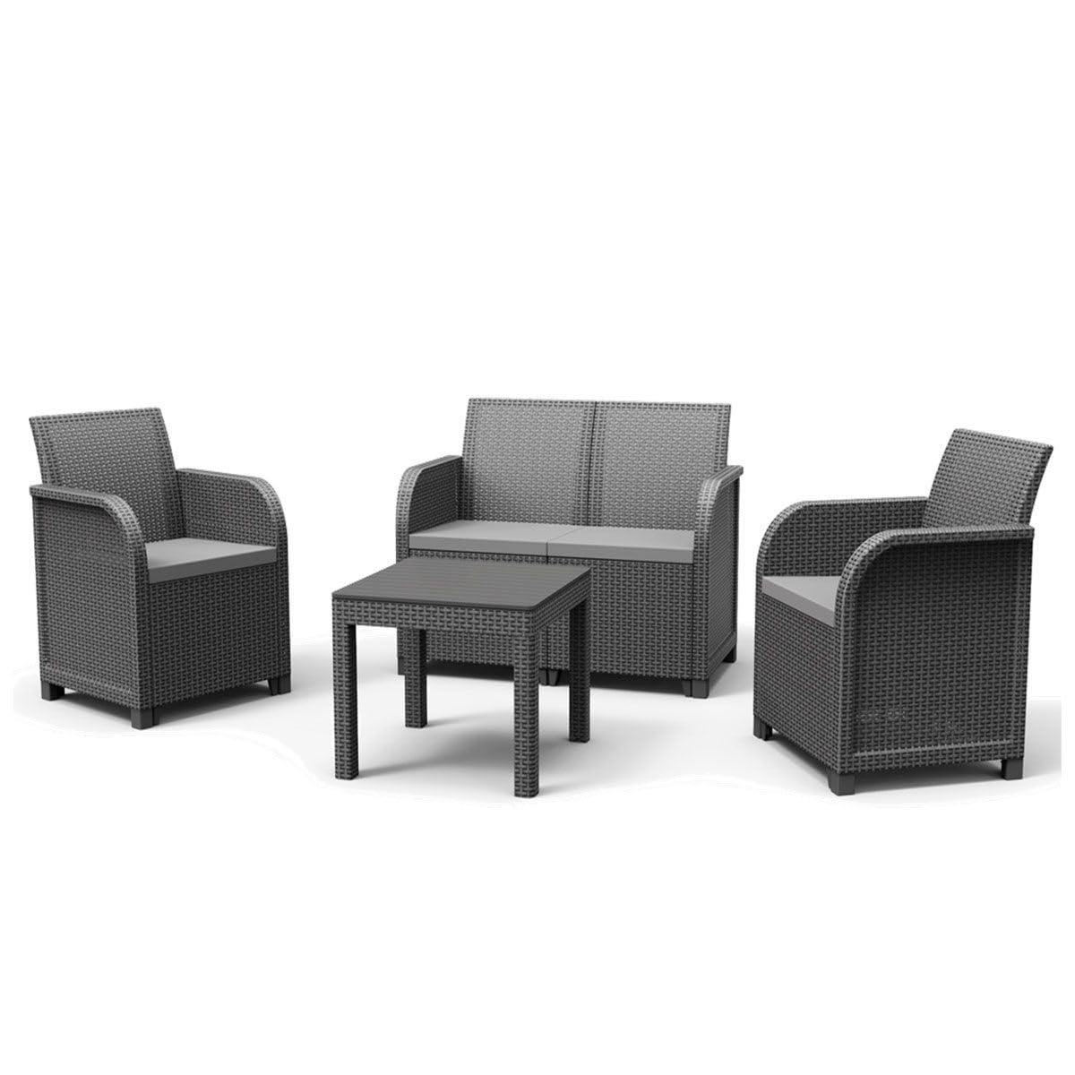 Keter Conjunto de Jardín Sanremo 2 sillones y sofá 2 plazas y Mesa Auxiliar | 62 x 130 x 64 cm, color gris, Resina imitación ratán Trenzado.