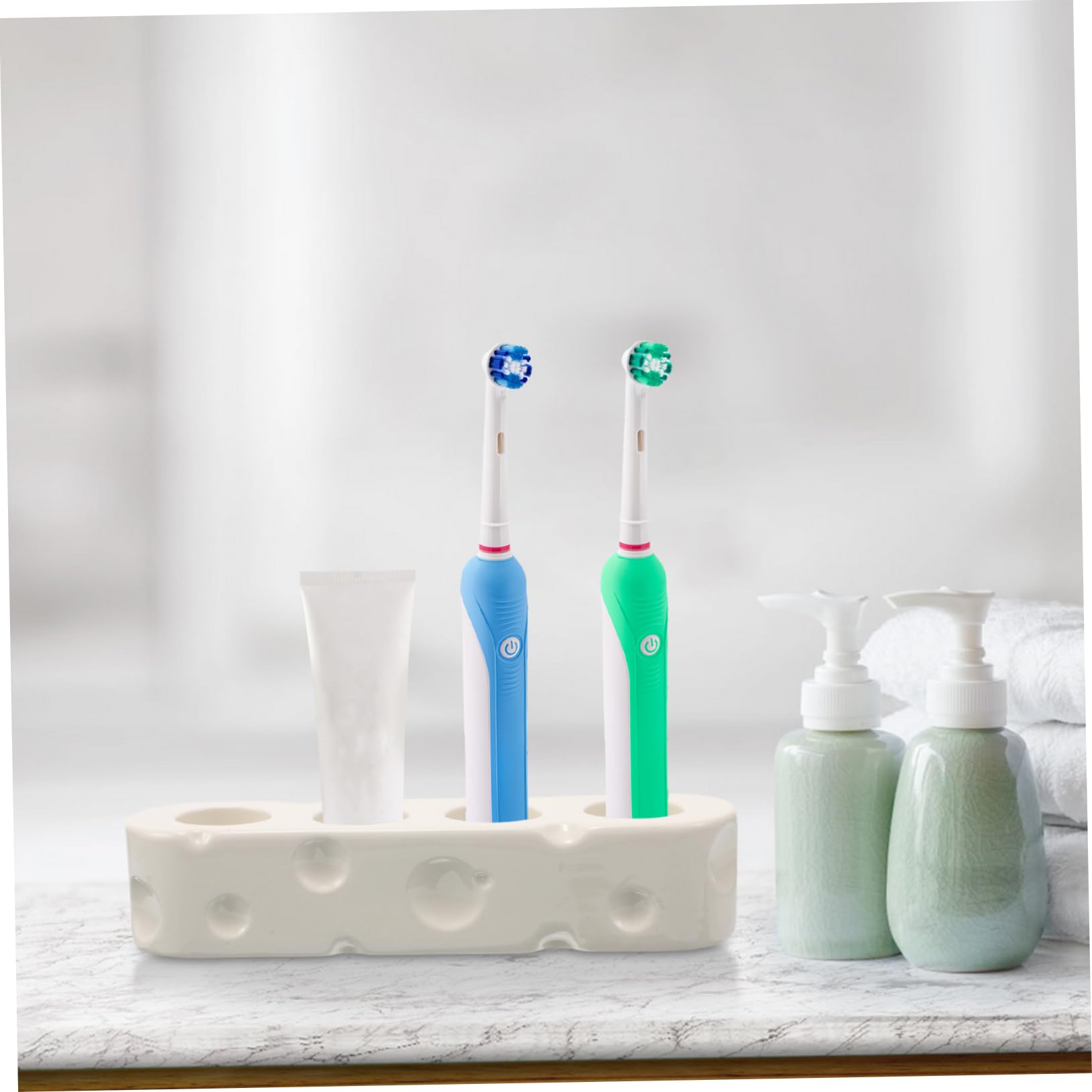 Porta Spazzolini in Ceramica Bianca Base da Appoggio | 4 Scomparti, Adatto a Bagno e Cucina, Supporto per Dentifricio e Pennelli, Stile Semplice ed Elegante