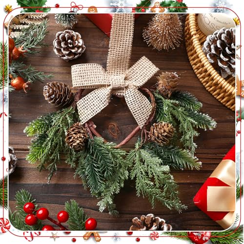 Image of Dingion 6 Pcs 6 inch Christmas Mini Cabinet Cedar Wreaths for Kitchen with Ribbon Bows Artificial Cedar and Pine Cone Small Window Wreath for Window Door Farmhouse Christmas Party Decorations