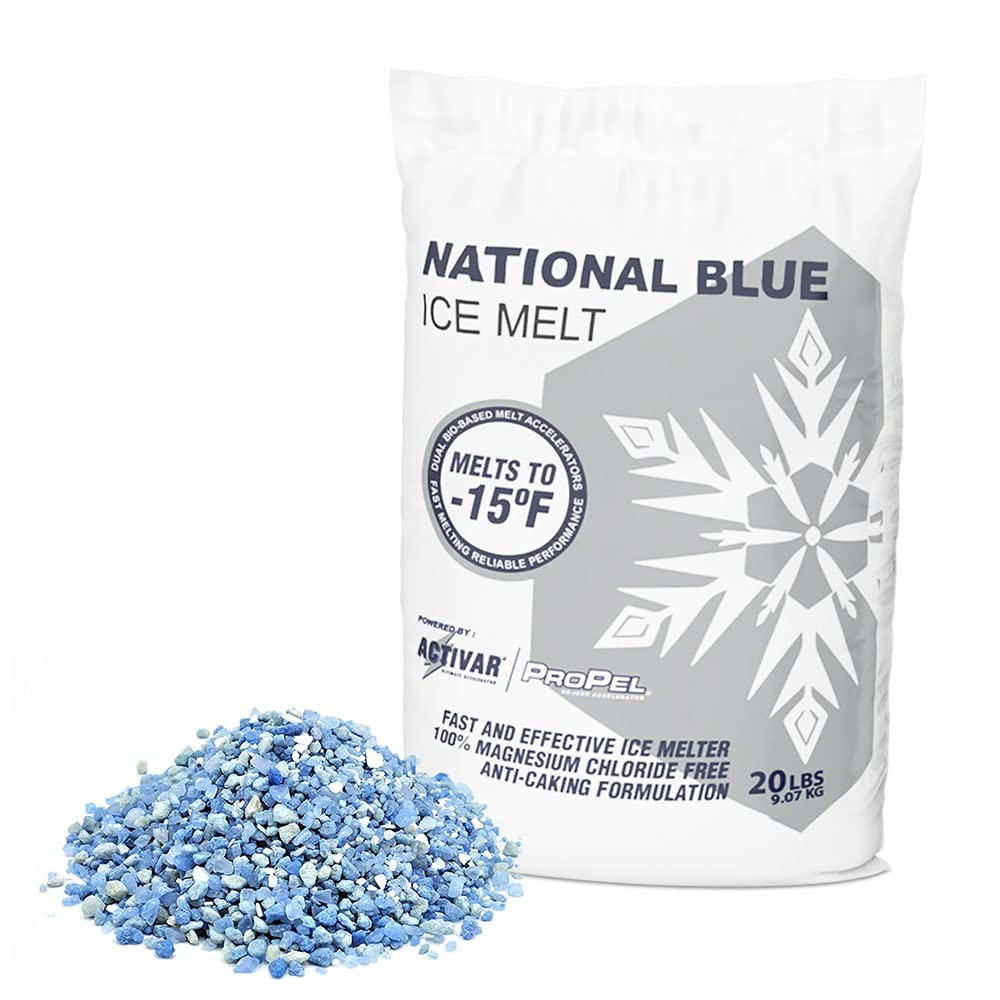 National Blue Snow Salt Ice Melt 20lb Bag - Fast Acting Ice Melter - Pet, Plant and Concrete Friendly, Environmentally Safe - Free of Magnesium Chloride - Melts to -15°F