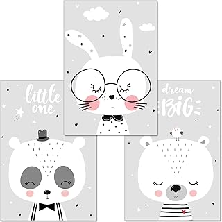 artpin® Set di 3 poster per la cameretta dei bambini - immagini per la cameretta dei bambini - ragazza ragazzo nero bianco grigio - poster Panda Orso Coniglio nuvole (P46)