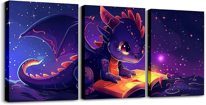Kawaii Dragon 3 Piece Canvas Wall Art for Living Room,Dreamy Starry Galaxy Sky Pictures Decorations for Bedroom,Western Wildlife Wall Art Dining Room Decor,Set of 3