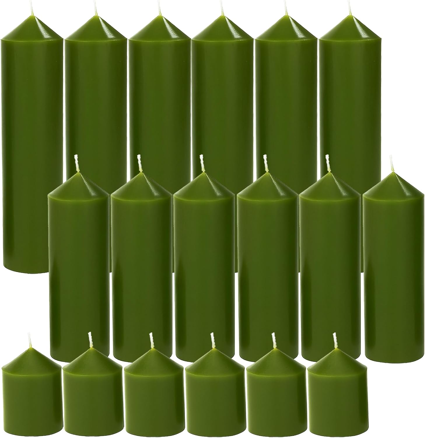 18 Pcs Green Pillar Candles Bulk Set,Hurricane Candles,3 Different Lengths (6 Each),Dripless Unscented Smokeless,Gives You a Better Atmosphere When Organizing Wedding or Event Party.