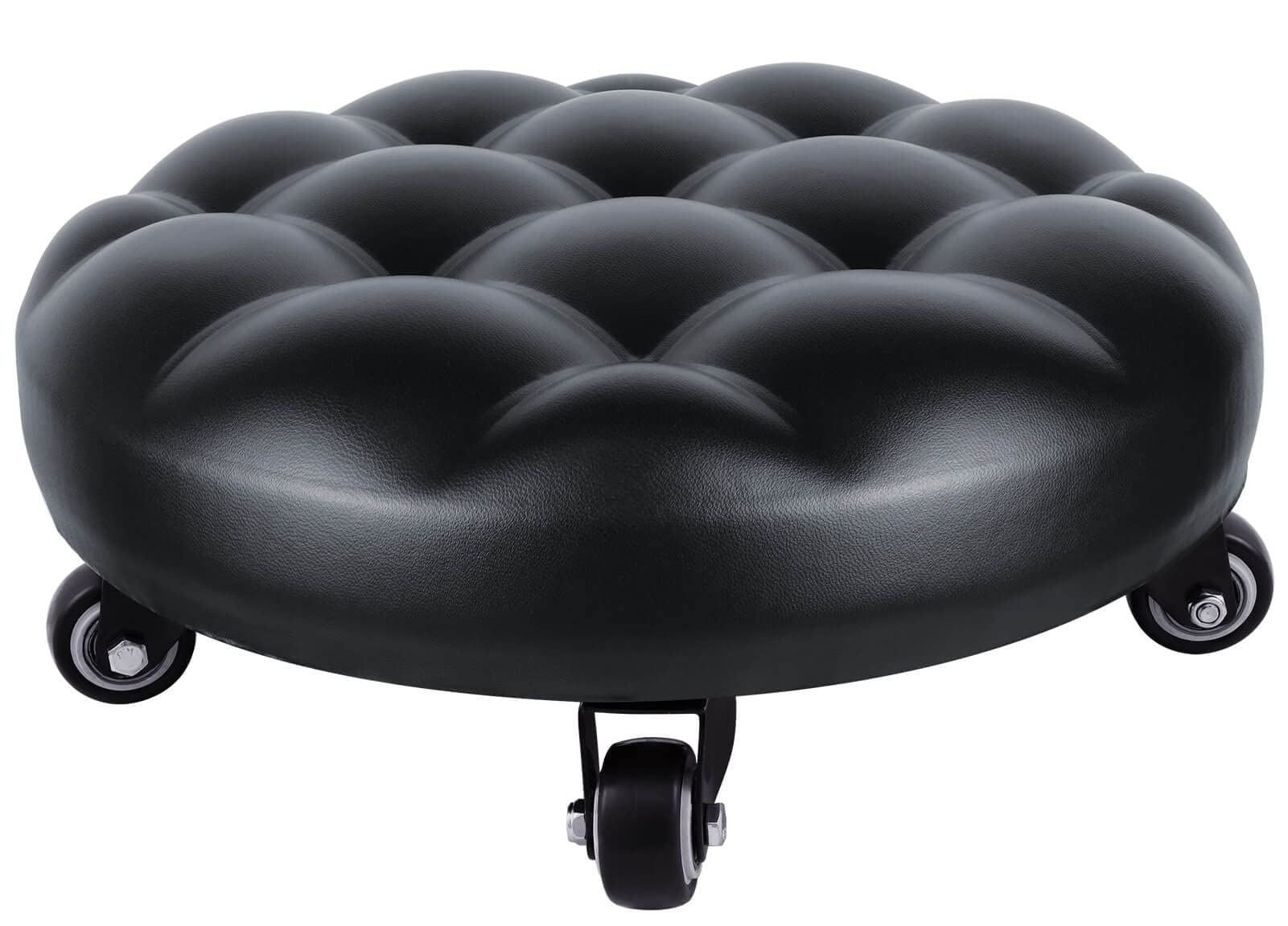 IMMER LIEBEN Rolling Stool Low to Ground Roller Seat with 5 Universal Swivel Caster Wheels for Home Office or Fitness Sport or Garage Shop PU Leather High Density Cushion and Steel Black