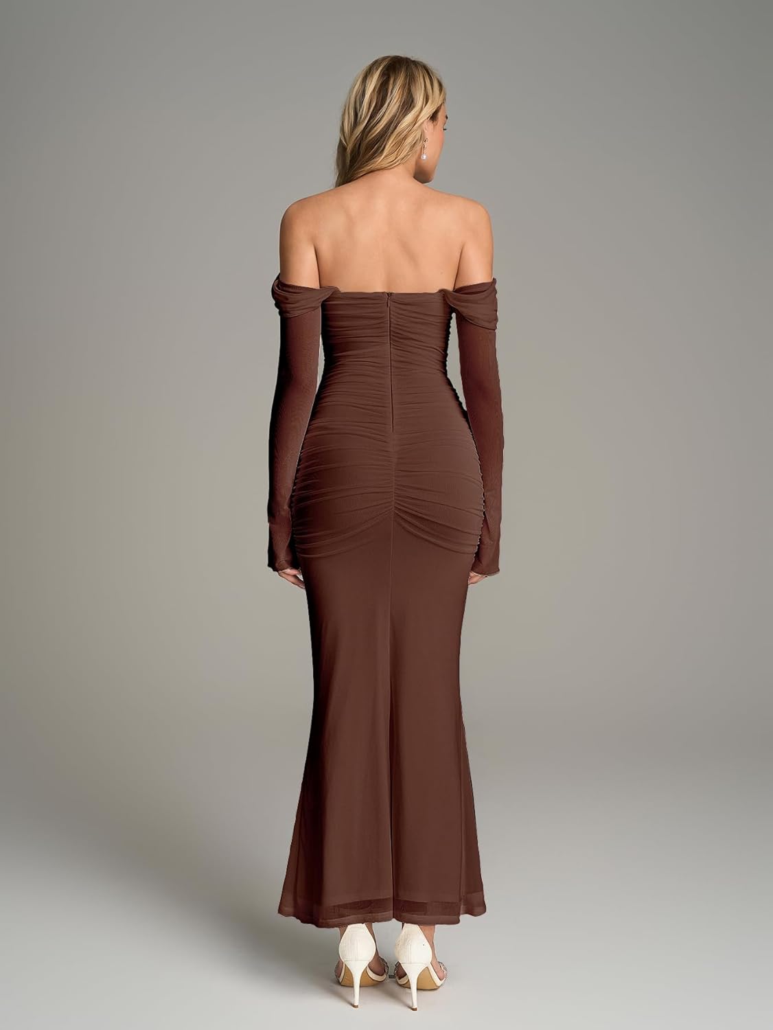 KUTUMAI Off Shoulder Long Sleeve Maxi Dress Corset Bodycon Ruched Cocktail Formal Wedding Guest Dresses for Women - Image 4