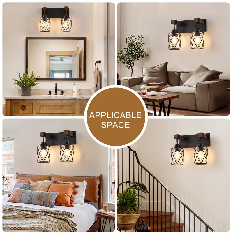 Image of Bathroom Light Fixtures, Farmhouse Wood & Black Metal with Glass Shade | 2 Light Rustic Vanity Lights, Mounted Over Mirror For Bathroom, Bedroom and Hallway, Easy To Install