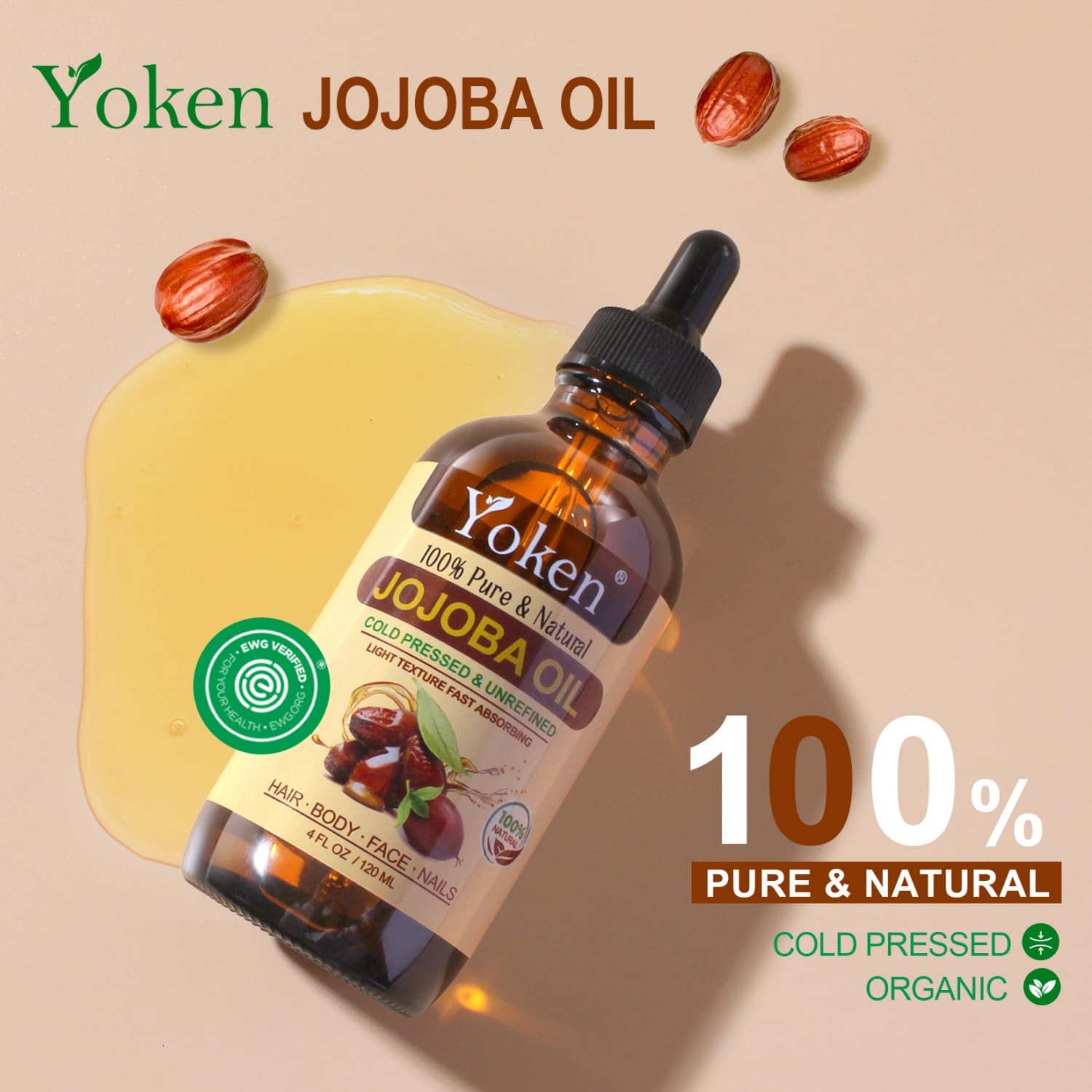 Yoken 4oz Jojoba Oil (EWG Verified) 100% Pure Cold Pressed Jojoba Oil for Face, Hair, Nails and Skin, Unrefined & Hexane Free, Natural Body Facial Moisturizer Multi-purpose oil Base Carrier Oil