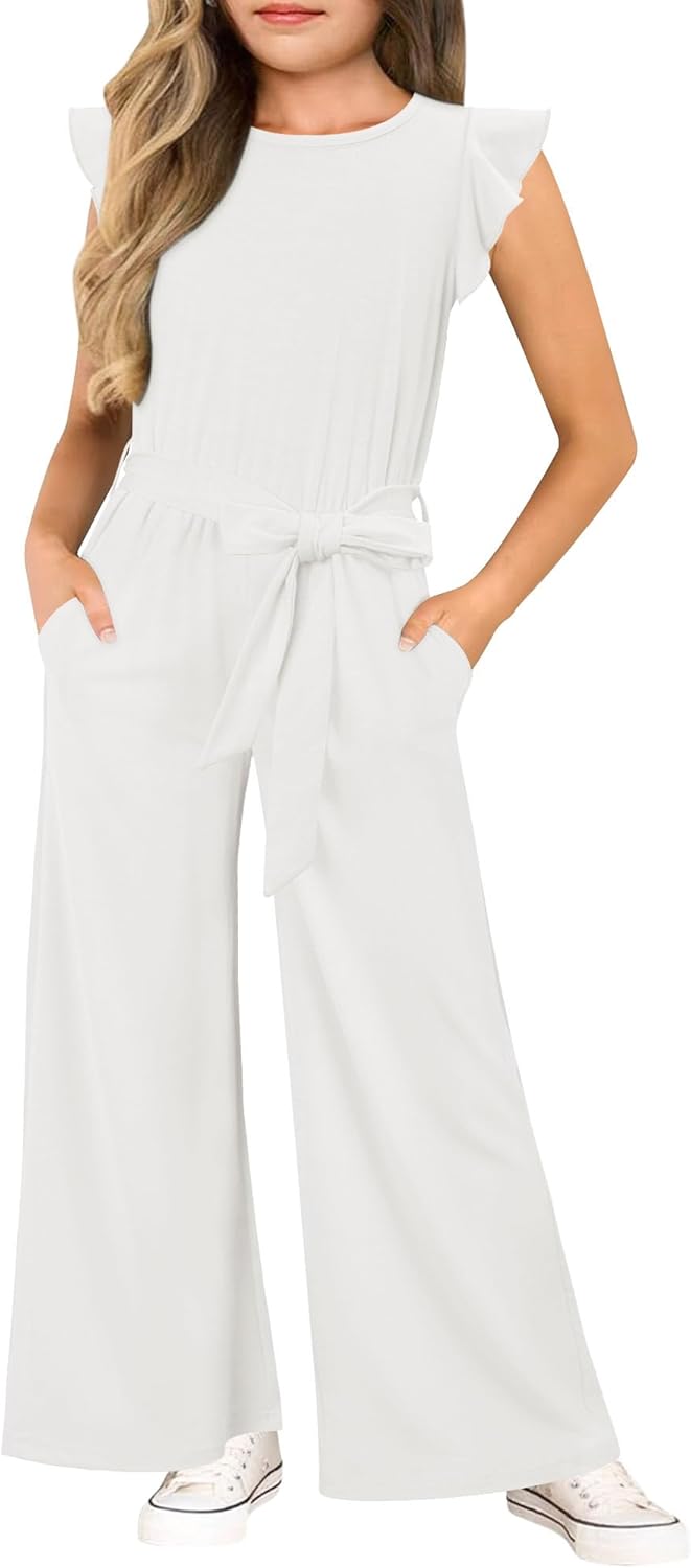 Yoklass Jumpsuit for Girls Casual Cap Sleeve Romper Belted Wide Leg One Piece Outfit - Image 2