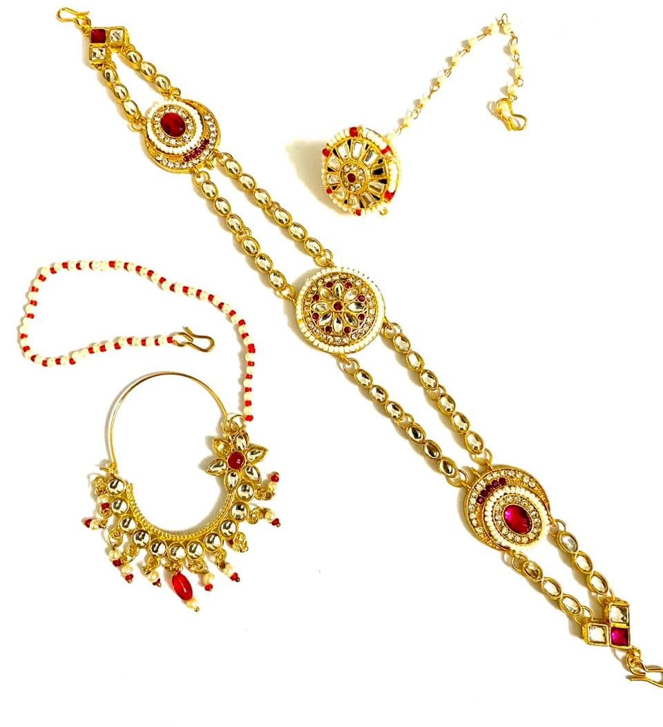 NIKYANKA Combo Jewellery Traditional Rajasthani mathapatti Nathiya/Nose Ring with Pearls Chain and multicolor Maang Tikka in Kundan for Women and Girls (B0CJ5PFH49) Amazon Price History, Amazon Price Tracker