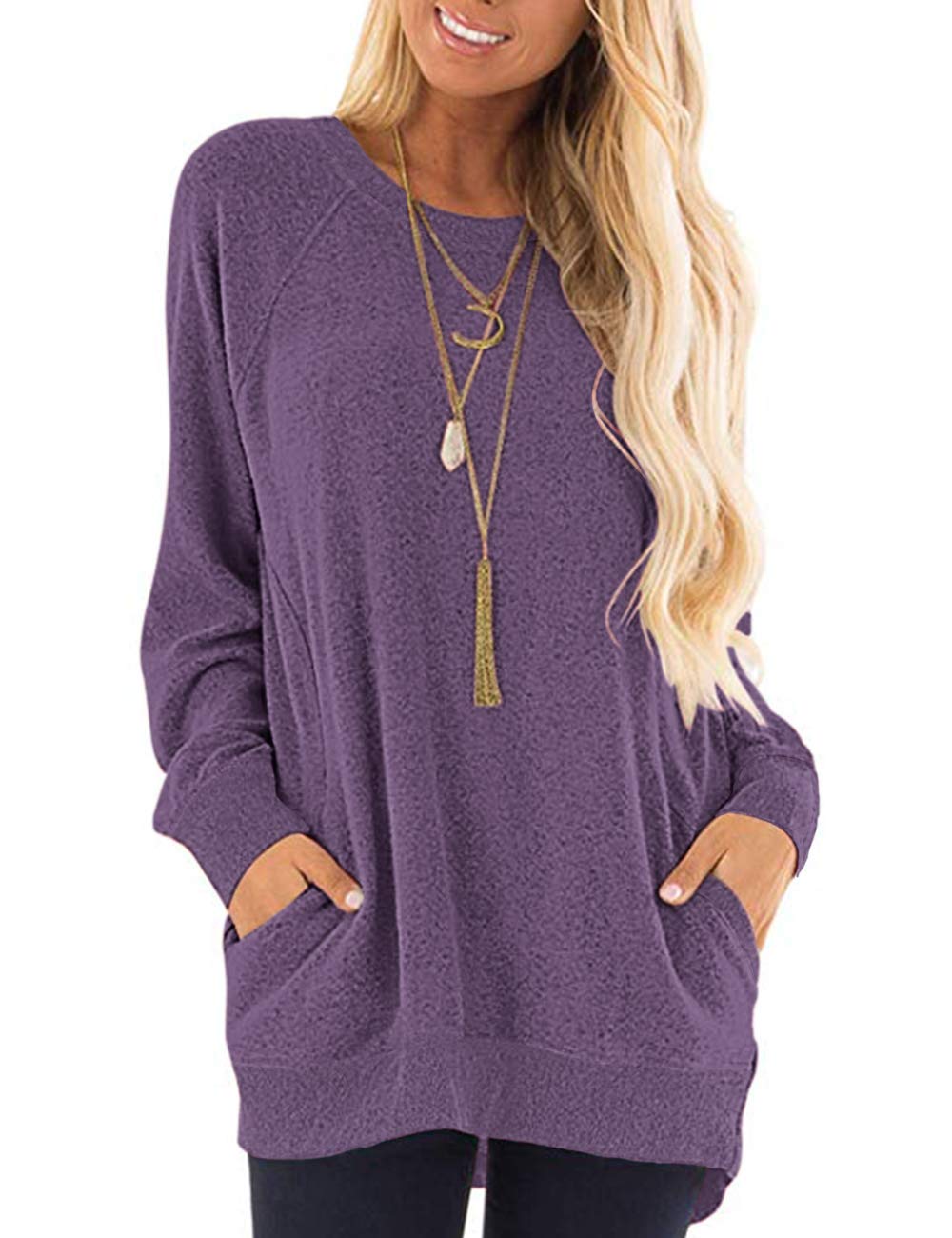 AUSELILY Long Sleeve Tops Women Round Neck Casual Jumpers Blouses Autumn Sweatshirts with Pockets Purple 2XL