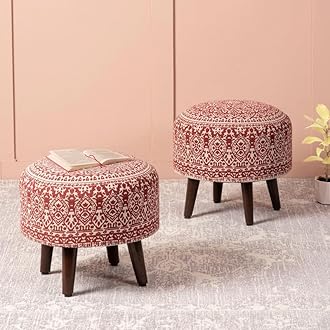 nestroots Set of 2 Wooden Ottoman Stools for Living Room | Printed Pouffes for Sitting, Foot Rest with 4 Wooden Legs | 14 Inch Height, Red | Stylish & Comfortable Furniture for Home Décor