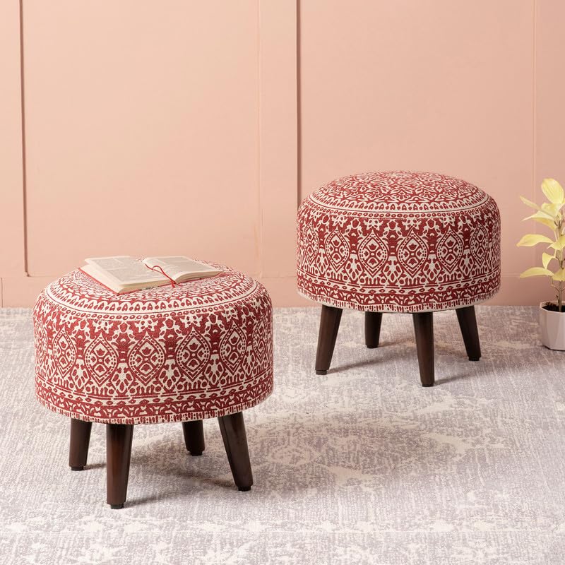 nestroots Set of 2 Wooden Ottoman Stools for Living Room | Printed Pouffes for Sitting, Foot Rest with 4 Wooden Legs | 14 Inch Height, Red | Stylish & Comfortable Furniture for Home Décor