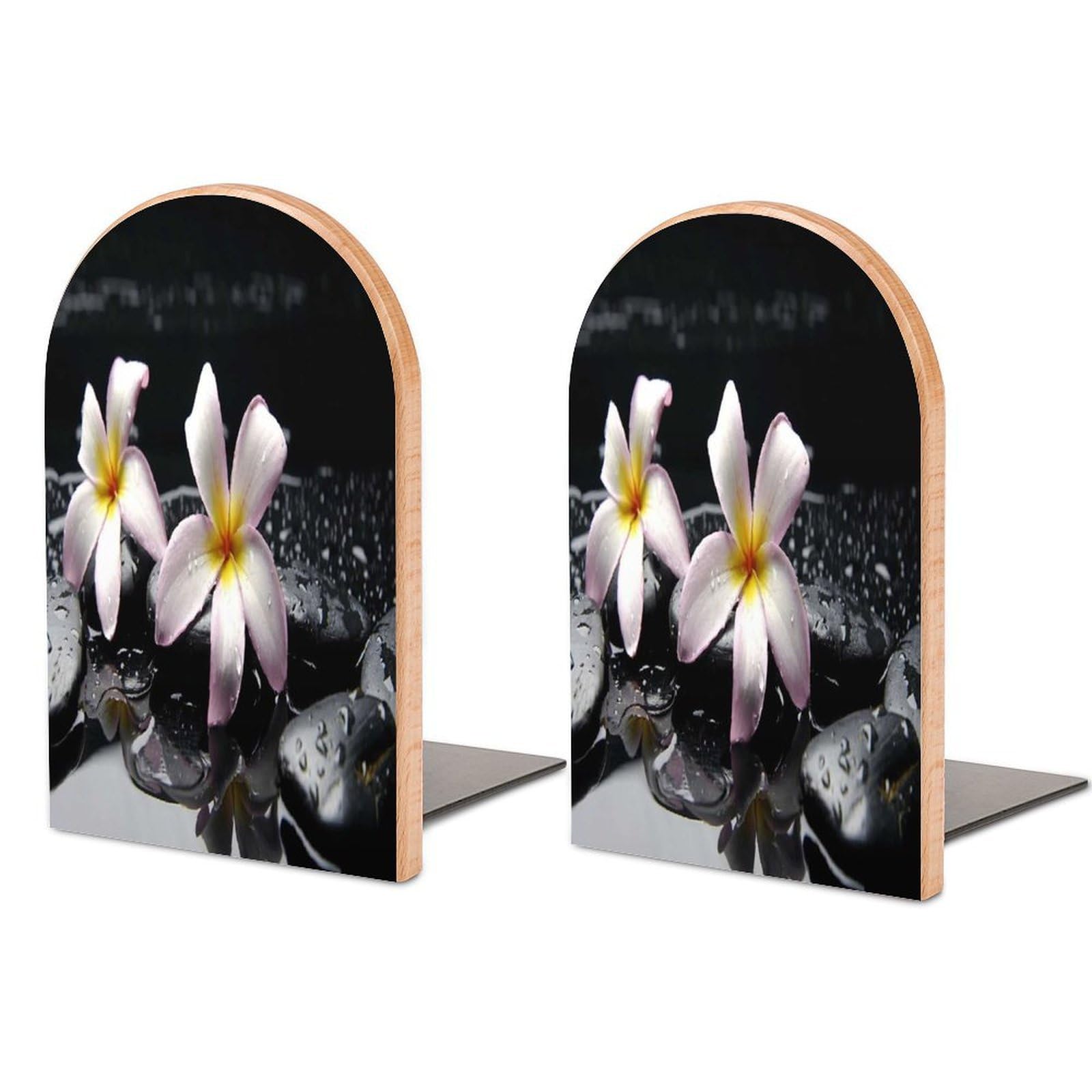 Plumeria Rubra Flowers Stones Beech Wood Bookends Heavy Duty Book Organizers Desktop File Holder for Office Home Bookshelf