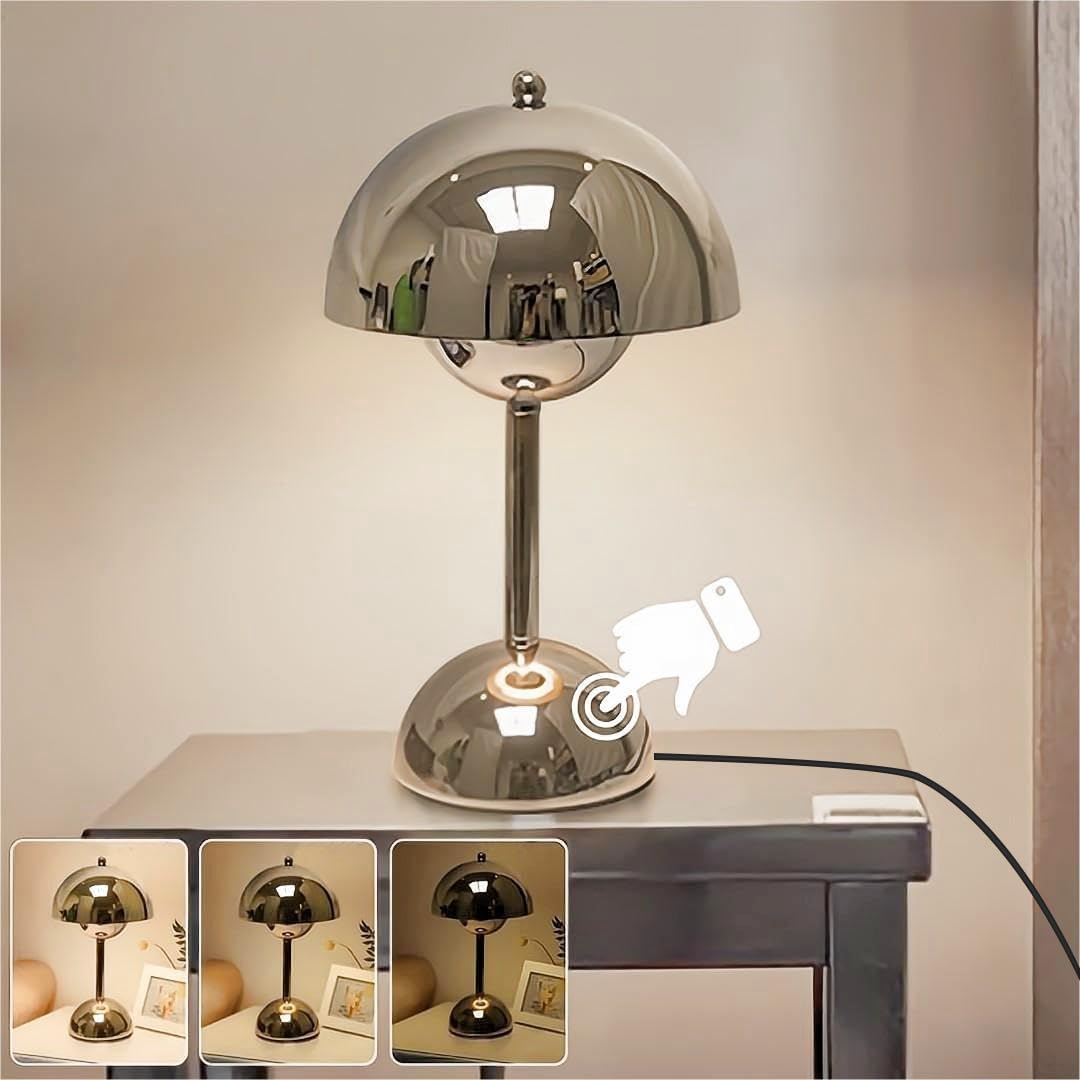 ELINKUME Mushroom Lamp with Touch Control,Power Cord Plug,3000K Warm Light Table Bedside Lamp,Dimmable Mushroom Desk Lamp,for Bedroom,Living Room,Study,Cafe,Restaurant(Silver,Include G45 LED Bulb)