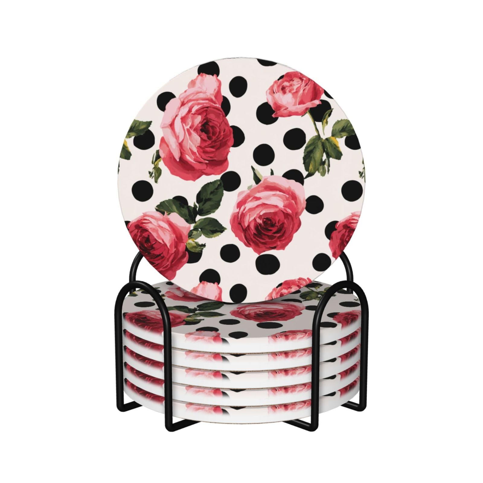 Red Roses Black Polka Dots Ceramic Coasters with Holder 6ps