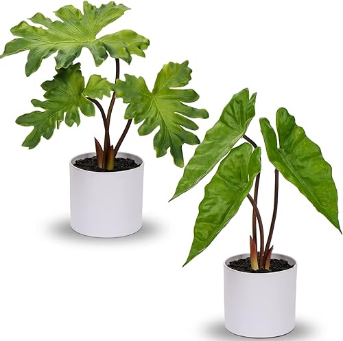 Miniatura 8 de Plantas artificiales en maceta de 11 pulgadas, plantas artificiales de caladio en macetas de cerámica negra para oficina, escritorio, baño,