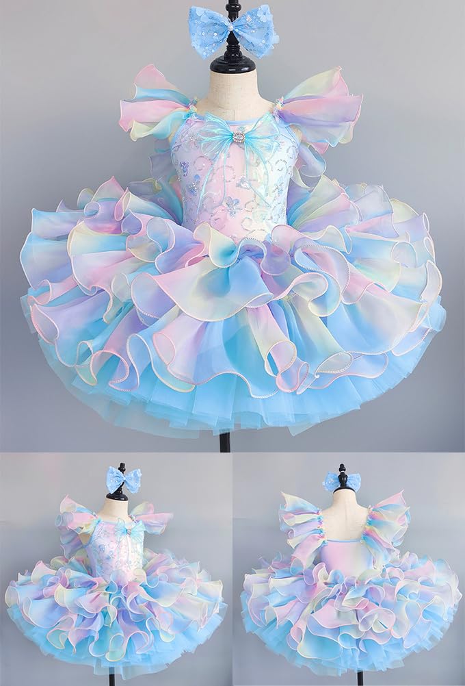 Mädchen Regenbogen-Rüschen Ballettkleid mit Schleifen Stirnband, mehrlagiger Flauschiger Tutu-Rock Tanzkostüm