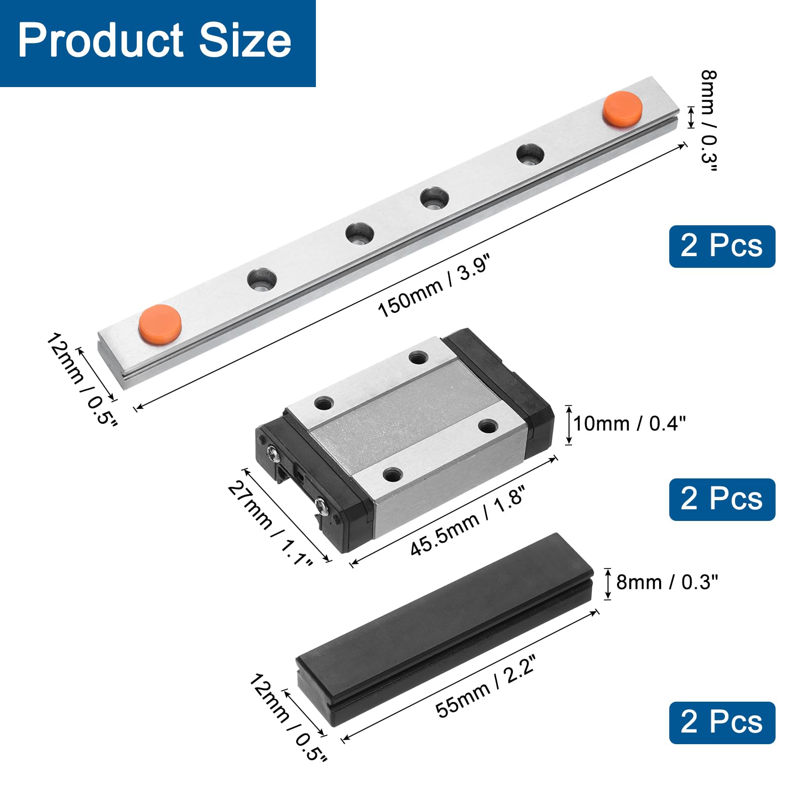 uxcell Lot de 2 rails de guidage linéaire MGN12 de 150 mm avec 2 roulements coulissants MGN12H en acier et 2 mini guides linéaires en plastique MGN12 pour imprimantes 3D et machine CNC, noir