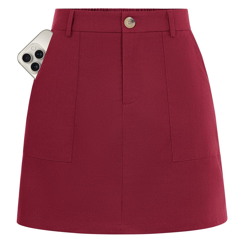 Kate Kasin Minigonna estiva da donna, in lino, vita alta, elasticizzata, casual, corta, con tasca