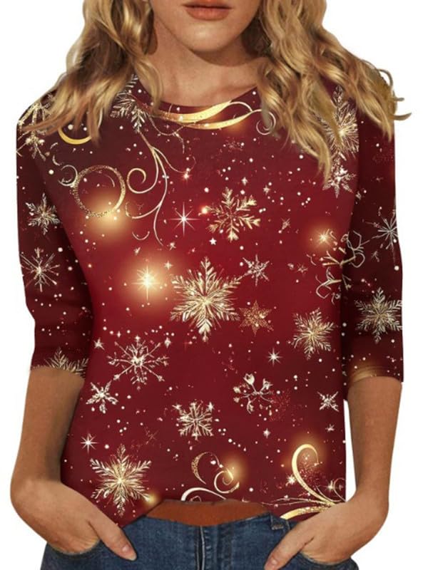 ZHAOCAI Christmas Tops for Women UK 3/4 Sleeve Ladies T-Shirts Round Neck Blouses Print Casual Tunic Top Red