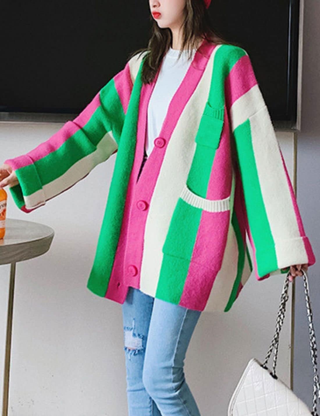 Unilexi Womens Loose Long Sleeve Rainbow Striped Cardigans Sweater Boho Color Block Chunky Knitted Tops - Image 7