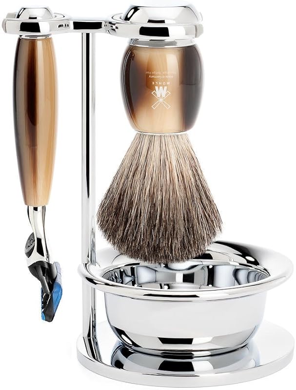MÜHLE VIVO conjunto de barbear com 4 peças, resina marrom com acabamento semelhante a chifre, pincel de pelo de texugo puro e aparelho de 5 lâminas