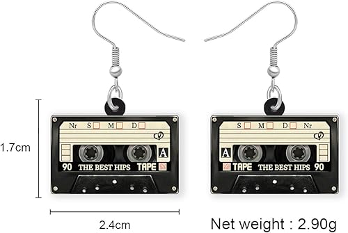 Miniatura 4 de Pendientes de cinta de casete retro de los años 80 y 90 de acrílico cuelgan música clásica de audio joyería para mujeres, regalos encantos