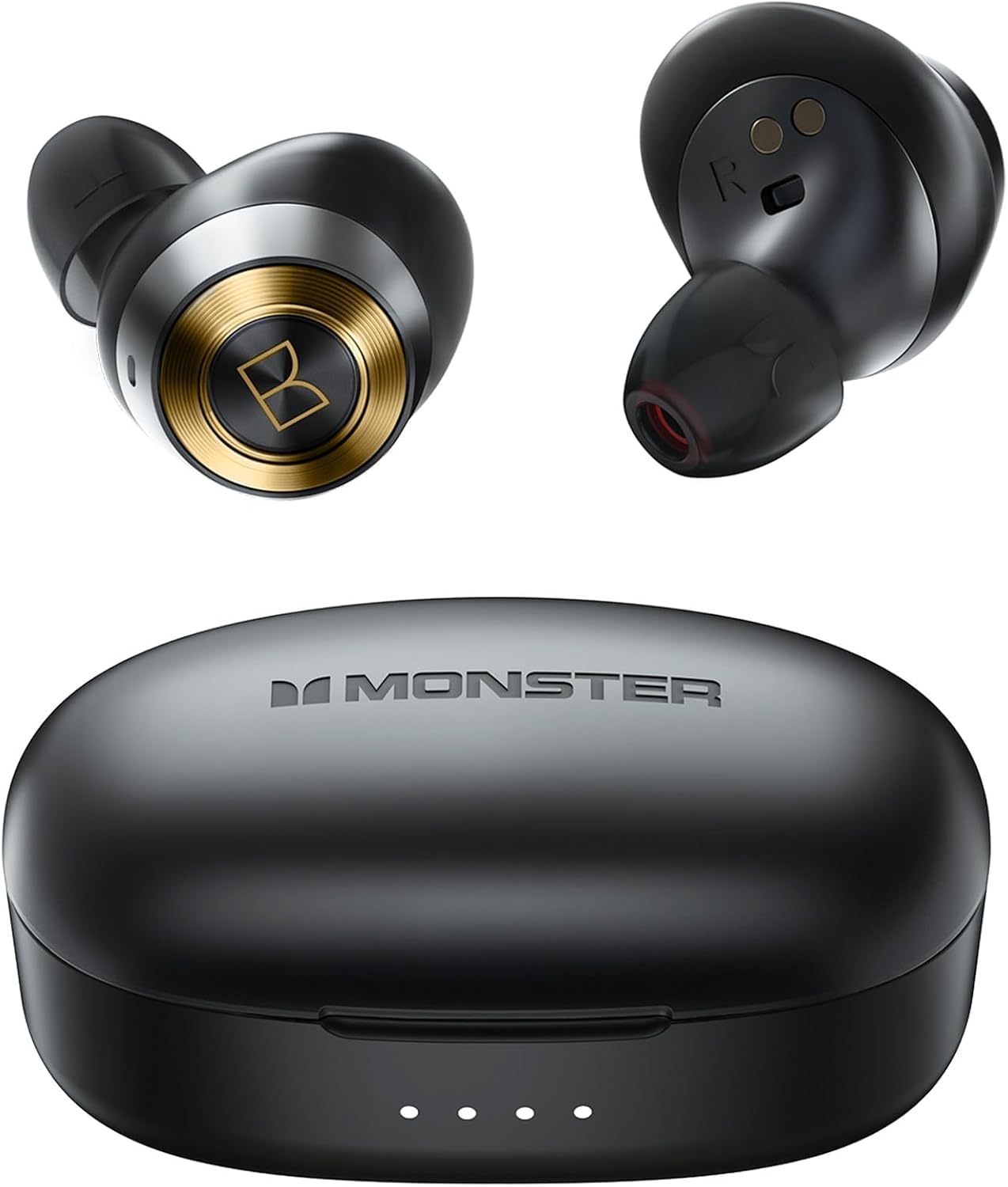 A view of the Monster Achieve 100 AirLinks charging case and earbuds, showcasing their compact design.