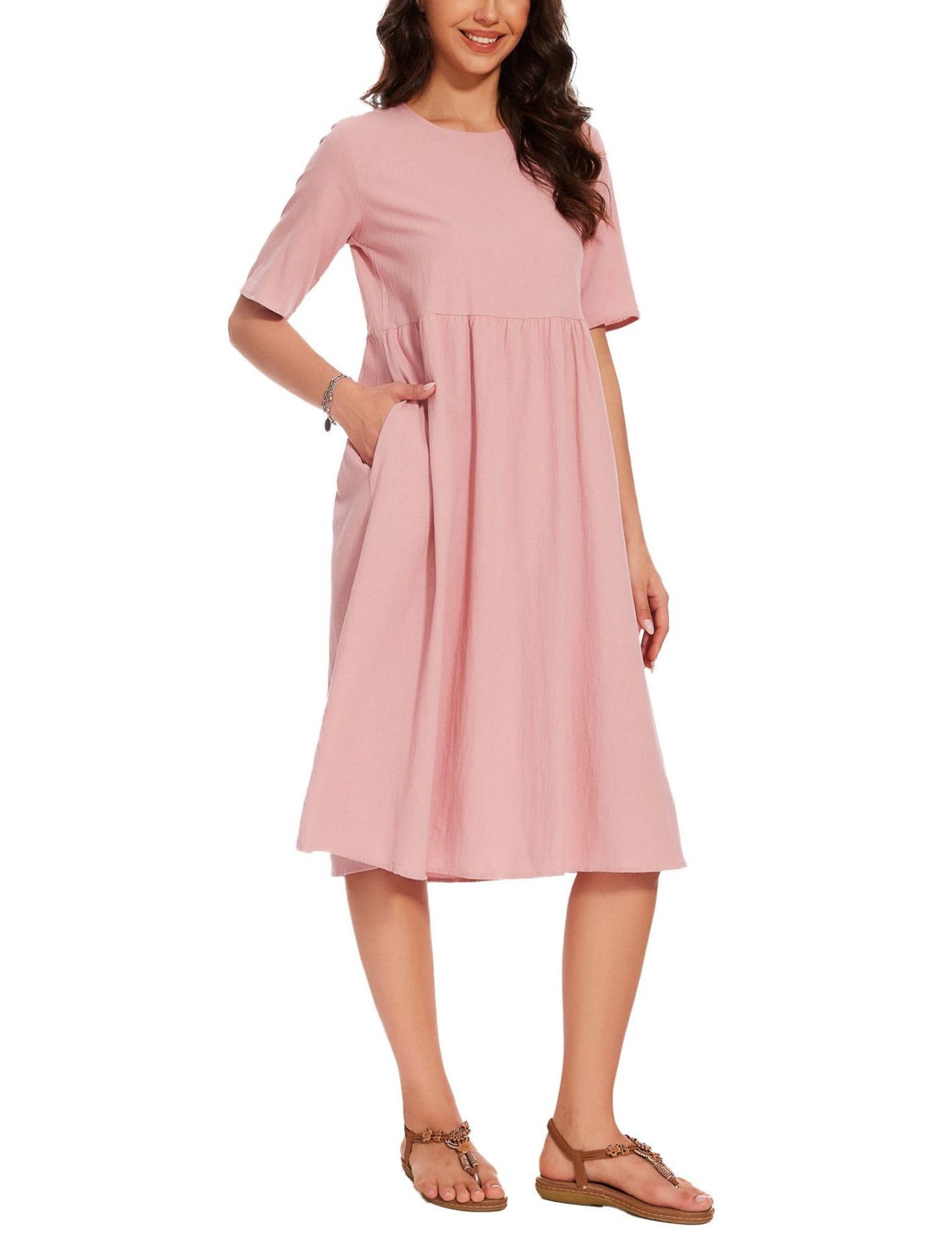 Maxi abito da donna in cotone e lino, girocollo, mezze maniche, taglie forti, casual, comodo, lungo abito con tasche