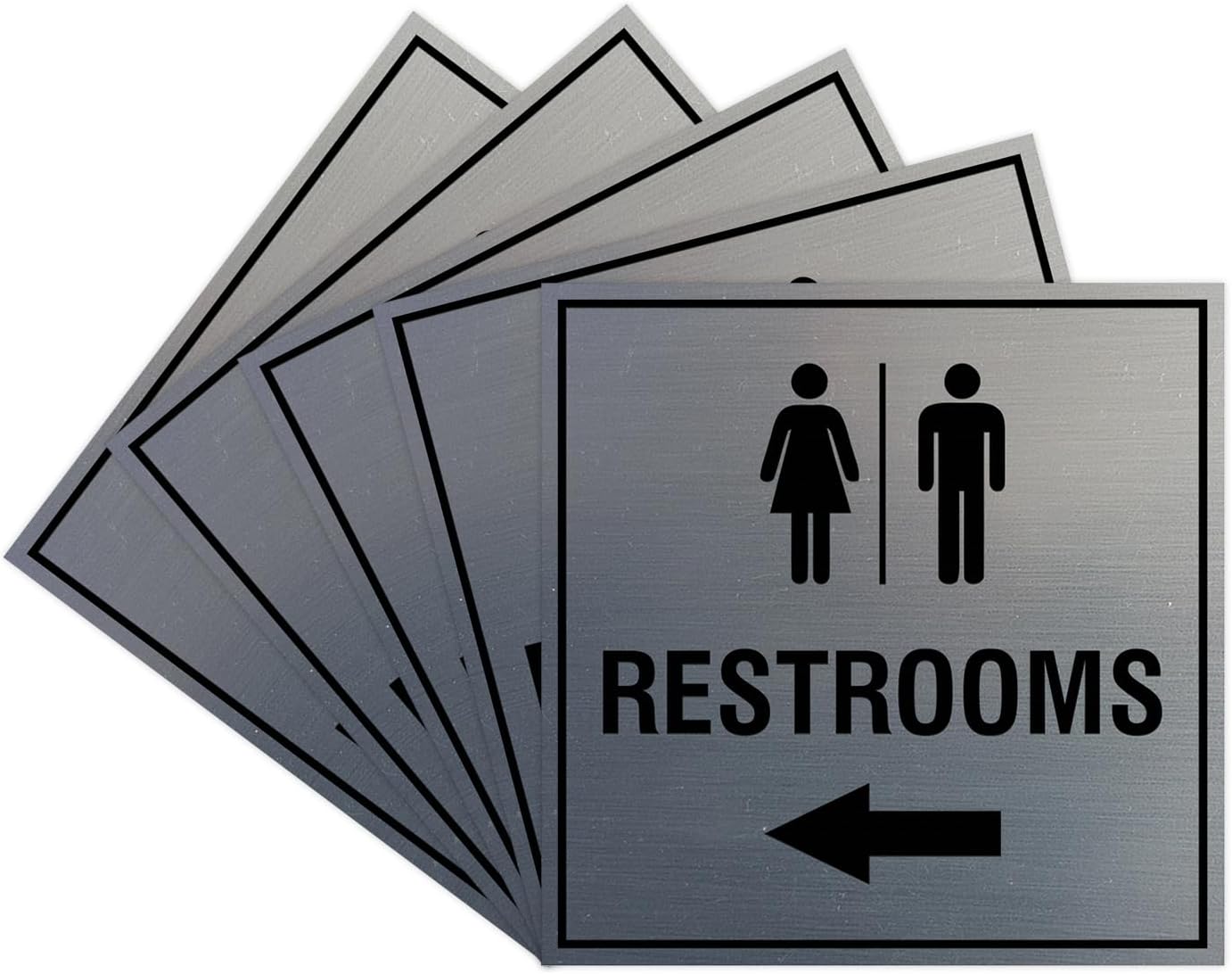 Signs ByLITA Square Restrooms left arrow Sign with Adhesive Tape (Brushed Silver) - Medium (5 Pack)