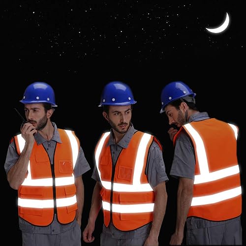 Miniatura 6 de Chaleco de seguridad reflectante naranja con 5 bolsillos, chaleco de alta visibilidad ANSI Clase 2 para hombres, mujeres, niños, topógrafos