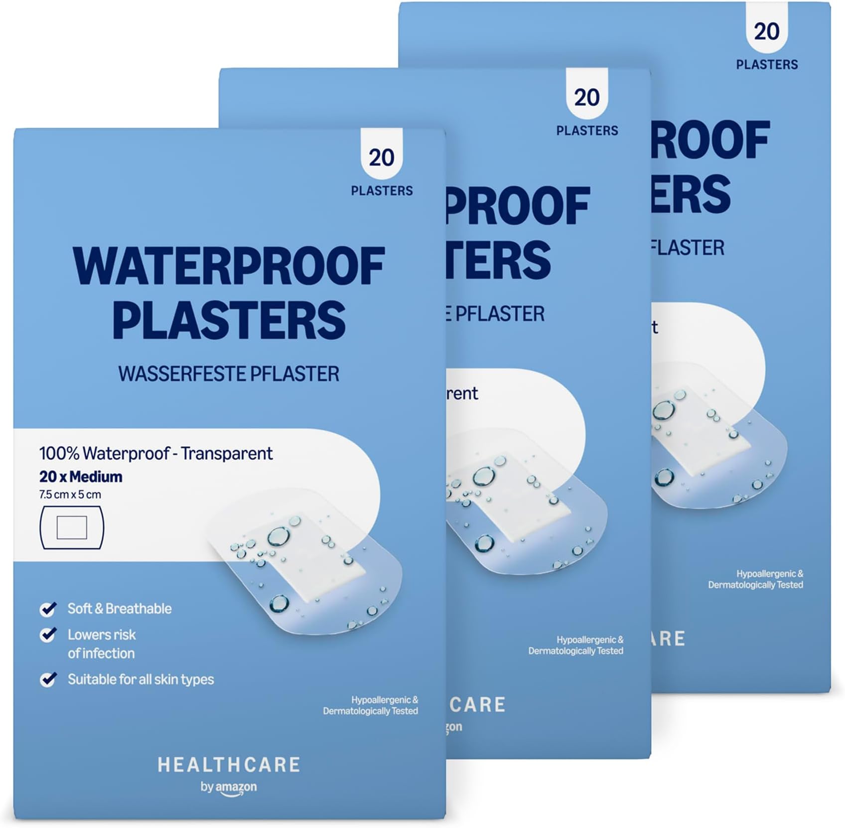 Healthcare By Amazon Waterproof Plasters, 60 Count (3 Packs of 20), 7.5 x 5cm (Previously an Amazon Basic Care Brand, Same Product)