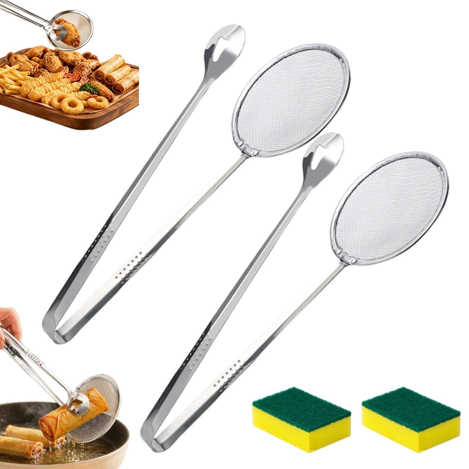 2-in-1 Oil-Frying Filter Clip, 2-in-1 Stainless Steel Fryingfilter Tongs, Kitchen Food Strainer Tongs for Fried Food, Deep‑Frying Food & Oil Filtering，2pcs