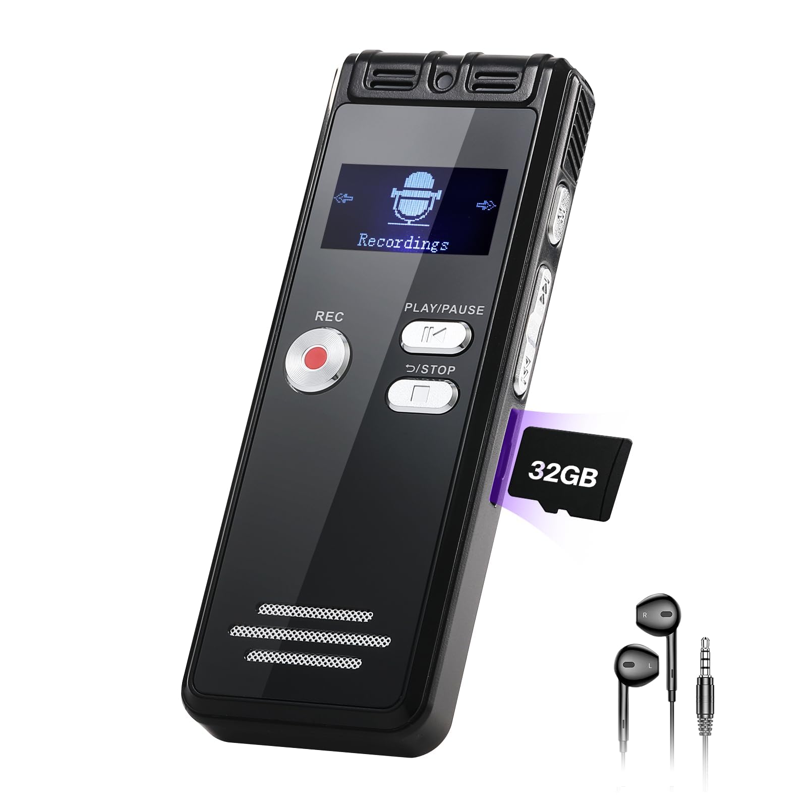 Dictaphone 32 G - 1536 kbps - Enregistreur vocal numérique - Interface Type-C - Appareil d'enregistrement One-Touch-HD Dual MIC pour conférence, entretien, réunion