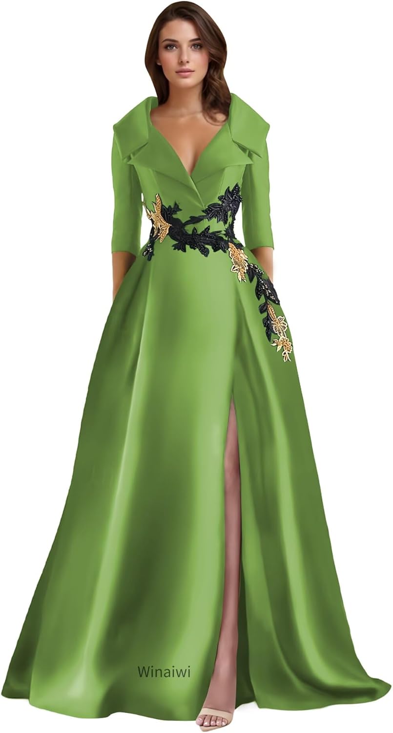 Long Sleeve Satin Mother of The Bride Dress Appliques V Neck Formal Prom Party Evening Dress with Pockets