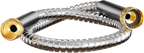 Miniatura 14 de Manguera de jardín de 100 pies, manguera de agua de metal de acero inoxidable con boquilla, flexible y duradera, a prueba de óxido, sin torceduras,