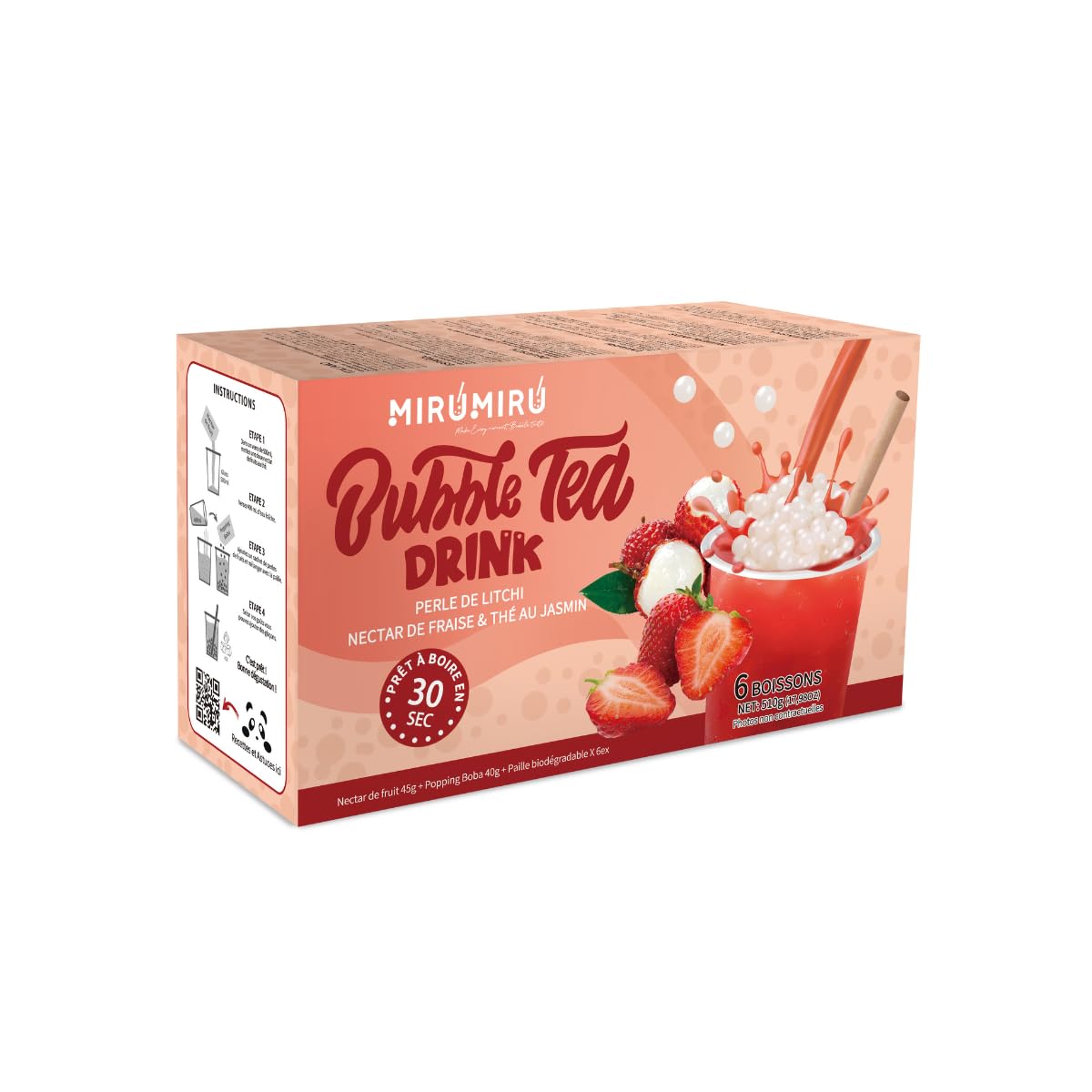 MiruMiru - Bubble Tea Kits - Perle de Litchi & Nectar de Fraise & thé au jasmin (6 boissons, pailles incluses)