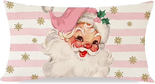 Fundas de almohada de Navidad de 12 x 20 pulgadas, color rosa, vintage, Papá Noel, decoraciones de Navidad, almohadas lumbares, fundas decorativas